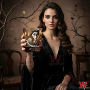 Tim Burton’s Corpse Bride Victor Van Dort Collector's Edition Glass 3 A woman in a black outfit holding a Corpse Bride Victor Van Dort whiskey glass with detailed gothic illustration and dramatic lighting!