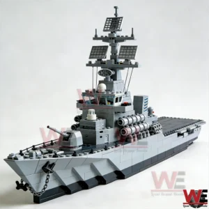 A side view of a grey brick naval warship with radar tower deck weapons and anchor details!