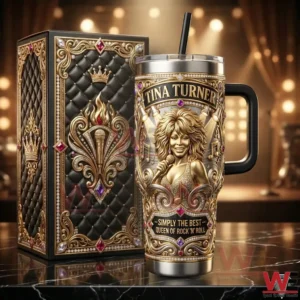 Tina Turner themed insulated tumbler and decorative box displayed with warm lights creating a concert inspired scene!