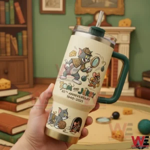 A hand holding a Tom and Jerry anniversary tumbler with classic cartoon characters and detailed artwork in a warm indoor environment!