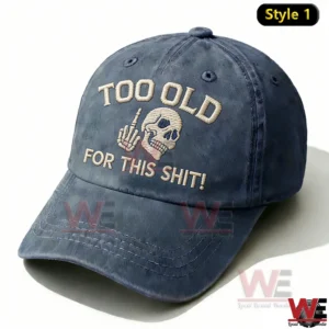 Vintage style baseball cap with embroidered skull graphic bold text and distressed blue gray fabric!