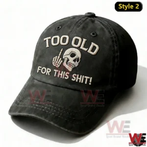 Black baseball cap with skull embroidery statement text and curved brim design!