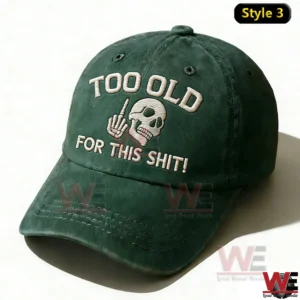 Green baseball cap featuring skull embroidery statement lettering and washed fabric texture!