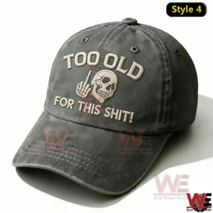 Dark gray baseball cap with embroidered skull bold text and classic curved brim!