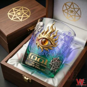 Tool memorial glass with golden eye artwork inside a wooden display box!