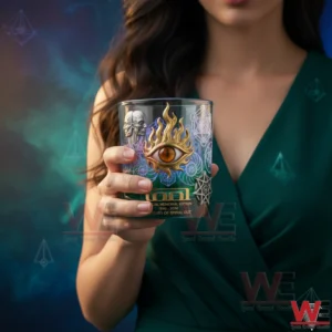 Woman holding an artistic Tool glass with glowing eye design!