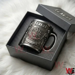 Dark engraved metal mug with eye flame and skeleton artwork displayed inside a luxury gift box!