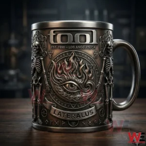 Tool Band Lateralus Third Eye Mug 4 Metal mug with third eye flame design and skeleton details placed on a wooden surface!