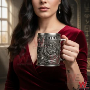Tool Band Lateralus Third Eye Mug 5 Woman holding a metal mug with third eye flame and skeleton design in a stylish room!