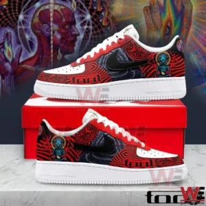 Pair of red black and white low top sneakers with psychedelic patterns and Tool themed artwork displayed on a red shoe box with a colorful psychedelic background!