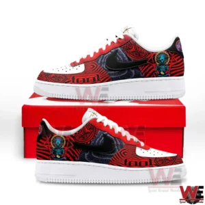 Tool Band Psychedelic Third Eye Air Force 1 Shoes 6 Red black and white low top sneakers with psychedelic patterns and Tool inspired artwork displayed on a red shoe box against a white studio background!