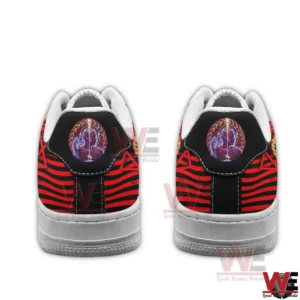 Tool Band Psychedelic Third Eye Air Force 1 Shoes 7 Back view of two low top sneakers with red and black striped heel panels and circular psychedelic emblems above white midsoles on a white background!