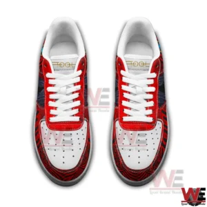 Tool Band Psychedelic Third Eye Air Force 1 Shoes 8 Top down view of red black and white low top sneakers with white laces red panels and white perforated toe boxes surrounded by intricate psychedelic patterns!
