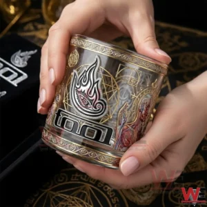Decorative whiskey glass with Tool Third Eye emblem and gold geometric designs held by hands in an elegant dark setting!