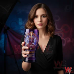 A woman holds a purple artistic beer glass decorated with anatomical imagery and symbolic patterns inspired by the Tool Lateralus album!