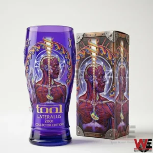 A purple Tool Lateralus collector beer glass positioned next to a matching illustrated presentation box!