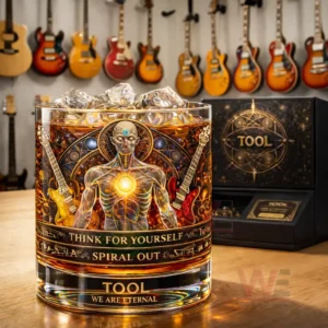 Whiskey glass with amber drink and ice featuring TOOL themed artwork of a glowing humanoid figure and guitars on a wooden table with hanging guitars and a collector box in the background!
