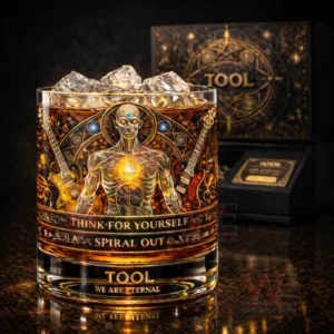 Whiskey glass with amber drink and ice featuring TOOL themed artwork of a glowing humanoid figure and guitars on a dark reflective surface with a matching collector box in the background!