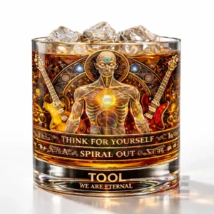 Product photo of a whiskey glass with amber drink and ice featuring TOOL themed artwork of a glowing humanoid figure and guitars on a plain white background!