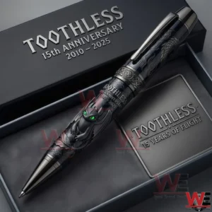 Toothless How To Train Your Dragon 15Th Anniversary Pen 5 Close up view of a Toothless themed collectible pen displayed in an anniversary presentation box!