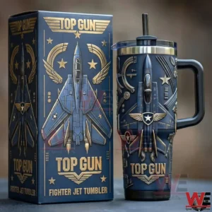 Top Gun fighter jet tumbler with navy blue finish gold details and matching display box!