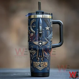 Close up of Top Gun fighter jet tumbler with embossed aircraft design and bold logo!