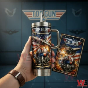 Stainless steel Top Gun tumbler with handle and straw showing fighter jet American flag flames Maverick helmet and 1986 2026 text held beside a matching commemorative card!