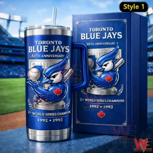Toronto Blue Jays 50th anniversary tumbler with handle and straw next to a matching blue gift box showing two World Series champions 1992 1993 in a stadium background!