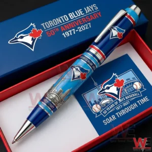 A Toronto Blue Jays Themed Pen Shown In A Gift Box With The Team Logo Skyline Artwork And 50th Anniversary Text!
