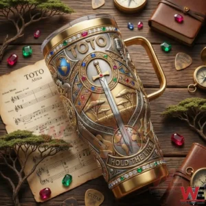 Yeti tumbler with Toto Africa design placed on wooden table with music sheets!
