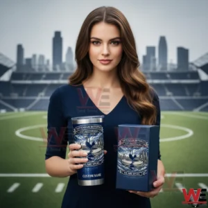 Woman holding a Tottenham Hotspur anniversary tumbler and gift box in a stadium!