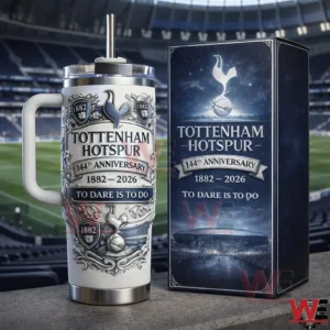 A Tottenham Hotspur anniversary tumbler displayed in a football stadium scene with official style graphics celebrating the clubs history and legacy!