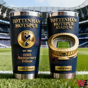 Two Tottenham Hotspur insulated tumblers with club crest and stadium design standing on the grass inside the stadium!