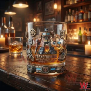 A Transformers fortieth anniversary whiskey glass on a wooden bar surface with glowing background lights and premium presentation!