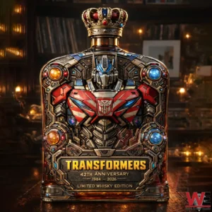 Transformers anniversary whisky bottle with robotic armor design glowing details and crown top displayed as a collectors edition piece!