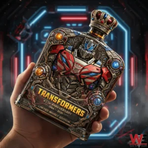 Transformers 40th Anniversary Limited Whisky Bottle 3 Hand holding a Transformers anniversary whisky bottle with robotic design glowing mechanical details and futuristic background!