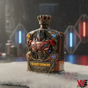 A limited edition Transformers anniversary whisky bottle featuring a robotic armored design with metallic details glowing accents and a crown shaped cap displayed in a futuristic studio environment!