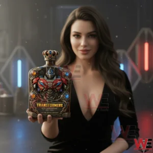 A woman holding a Transformers anniversary whisky bottle with an intricate robotic design standing in a modern studio setting with cinematic lighting!