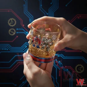 Transformers commemorative glass held in hands with detailed robot artwork and a premium collectible appearance!