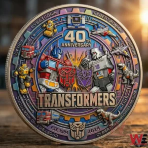 Transformers forty th anniversary collectible coin featuring Optimus Prime Megatron and faction symbols on a wooden background!
