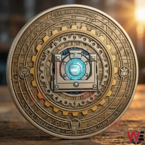 Back side of a Transformers collectible coin with gear patterns circuit details and a glowing blue core centerpiece!