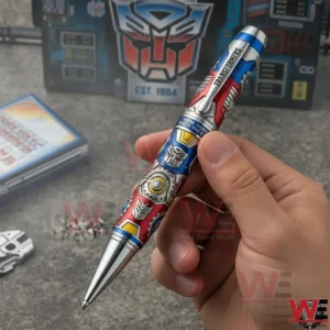 Hand holding a Transformers themed metal pen with mechanical robot design!