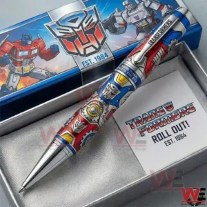 Transformers Roll Out Pen 5 Close view of a Transformers themed metal pen with robot design details!