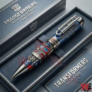 Transformers anniversary collectible pen displayed in a futuristic presentation box with detailed robotic design!