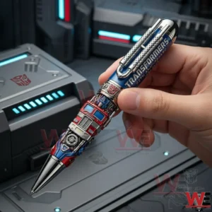 Hand holding a Transformers themed collectible pen with mechanical details in a futuristic setting!
