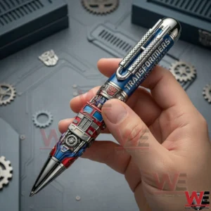 Transformers anniversary collectible pen with intricate mechanical design held against a technical background!