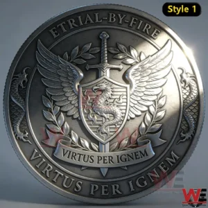 A round metallic dragon themed coin displaying a crest with wings shield sword and engraved motto symbolizing strength and resilience!