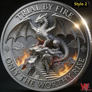 A fantasy themed metallic coin depicting a dragon and armored warrior surrounded by fire symbolizing courage trial and worthiness!