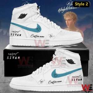White high top shoes with blue side logo and custom name detail!