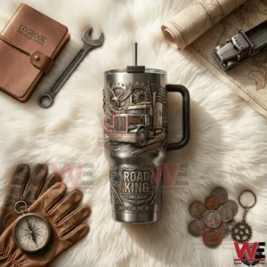 Stainless steel truck themed tumbler with road and gear design!